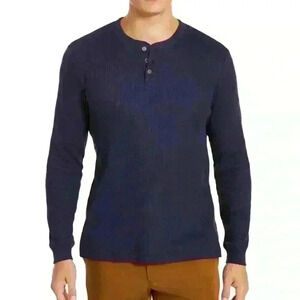 Club Room Men's Thermal Henley Shirt Navy Blue Size M Crewneck three button